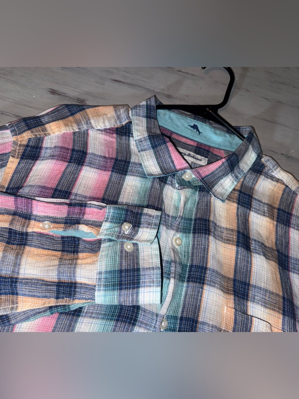 Tommy Bahama Men’s XL 100% Linen Multicolor Plaid Button Up Shirt